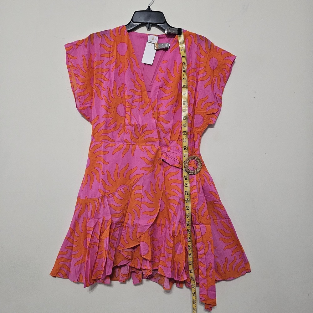 J Marie Women's Romper Medium Pink Orange Multicolor Belt Hem Wrap V-Neck 581 - Picture 11 of 16